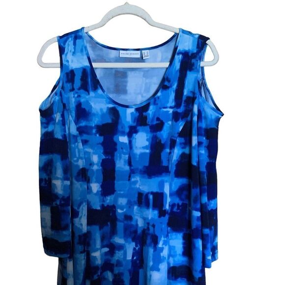 Susan Graver Womens Size Large Blue Watercolor Stretch Cold Shoulder Midi Dress - Picture 2 of 8